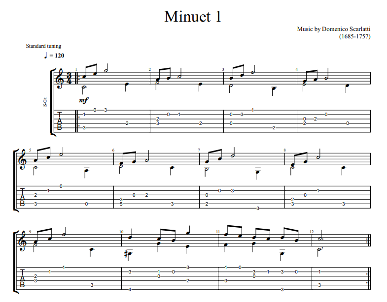 Domenico Scarlatti - Minuet 1 sheet music for guitar